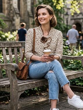 Anthropologie Polka Dot Ruffle-Front Blouse in White and Brown